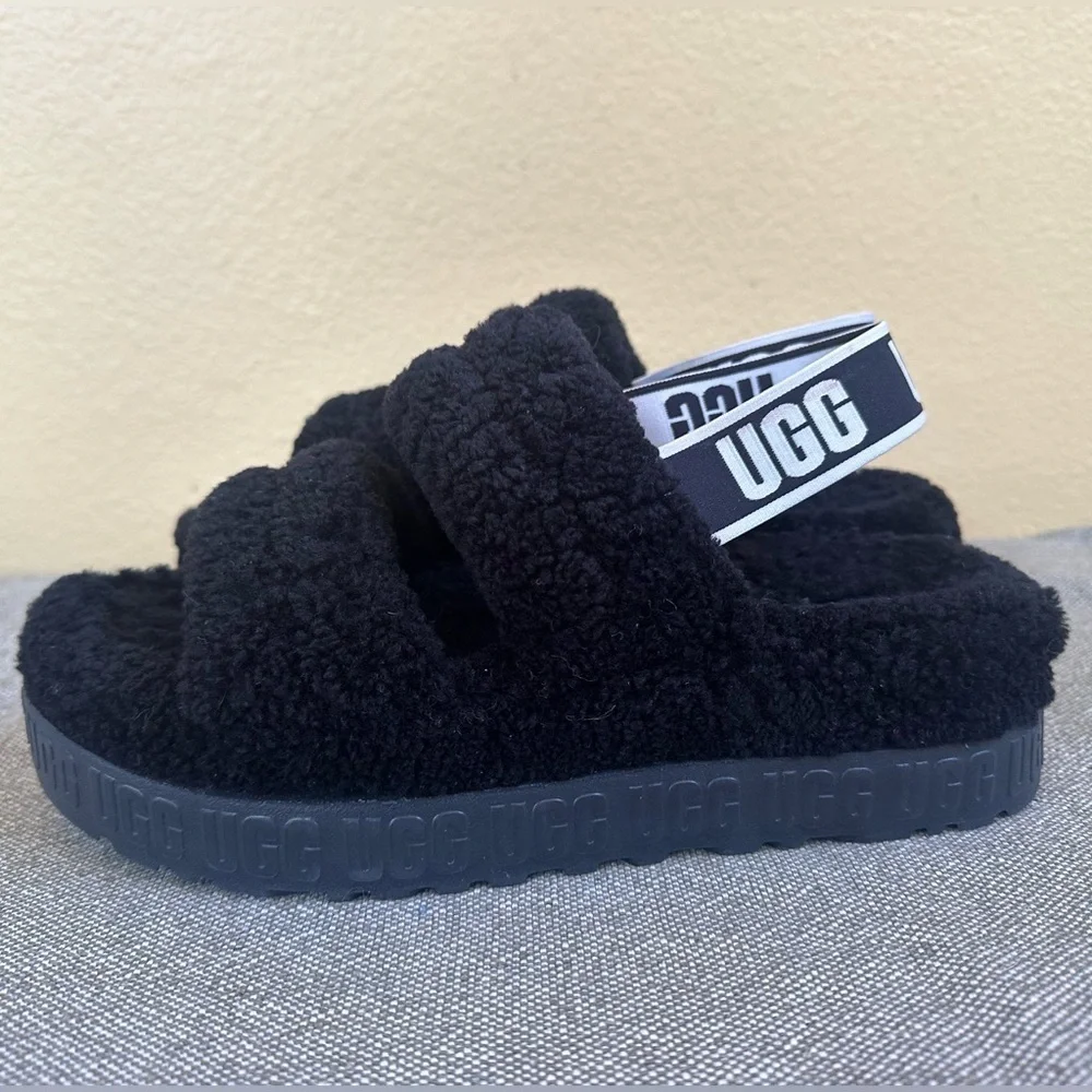 UGG “Oh Fluffita” Black Platform Slingback Slippers Size 10 Like New!